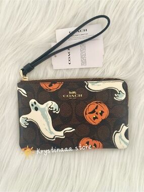 Coach Corner Zip Wristlet With Halloween Ghost Pumpkin Signature Canvas Print
